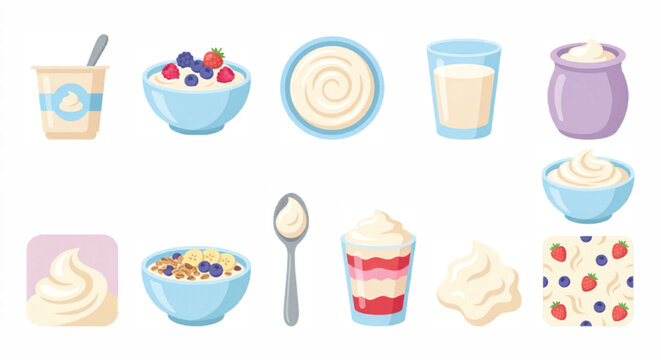 Fresh yogurt and dairy product icons, healthy breakfast bowls with berries and granola, 12 vector elements for food packaging and menu design