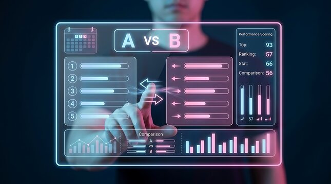 Man's hand interacting with a futuristic holographic interface displaying A vs B comparison and performance scoring metrics.