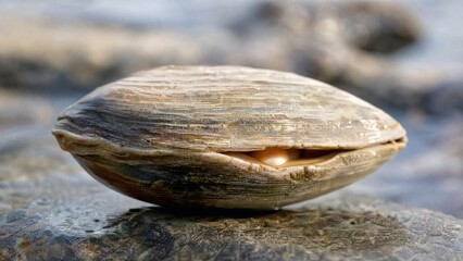Obraz premium oyster. Closed oyster shell with a slight crack, revealing faint glow. wildlife magazines, conservation campaigns, designed for eco-tourism storytelling, used by graphic designers.