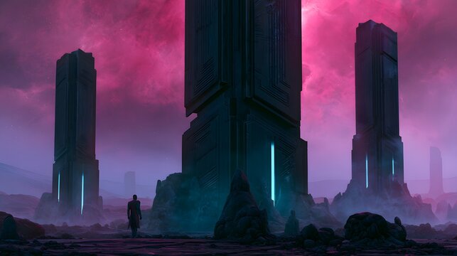 Lone Figure Contemplates Alien Monoliths Under a Vibrant Nebula Sky Cinematic Sci Fi Landscape