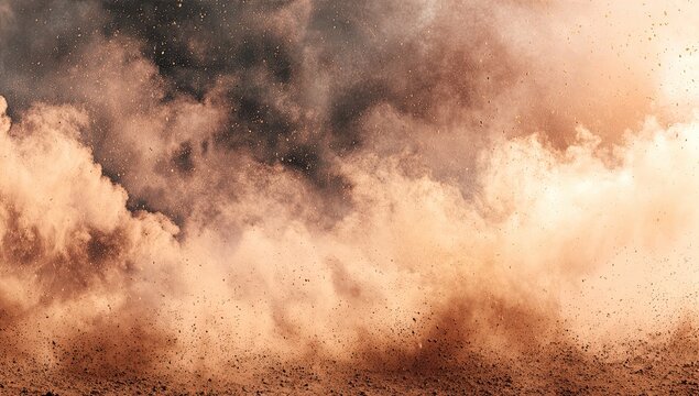 Erupting earth and particulate matter billows upward in a dusty, atmospheric explosion