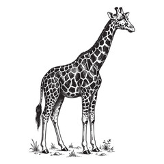 African Giraffe Standing in Savanna Grass, Vintage Wildlife Engraving Style © trianatio