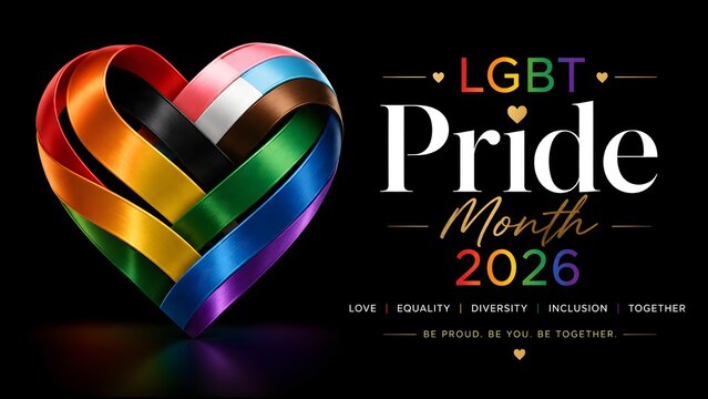 LGBT Pride Month 2026 rainbow heart on black background celebrating LGBTQ love equality diversity unity freedom and colorful inclusion