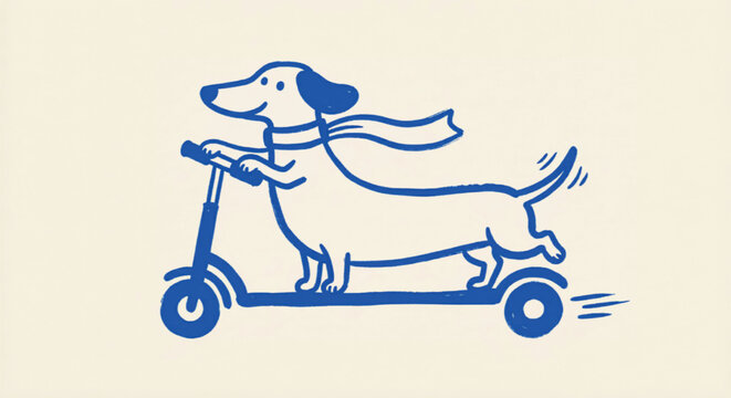 Minimalist dachshund dog riding a kick scooter vector, blue line art sausage dog with scarf, funny wiener dog character for pet branding