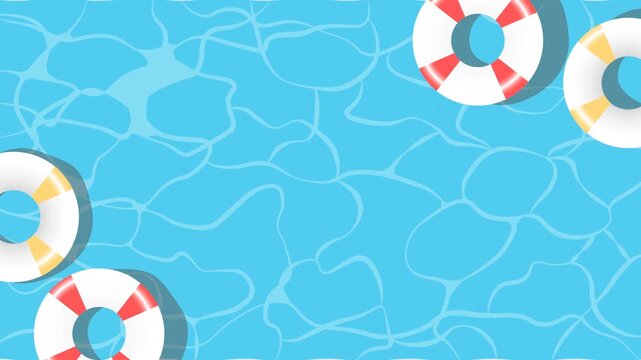 Top view of swimming pool with inflatable floats and gentle water waves, creating a relaxing summer vacation atmosphere. Perfect for travel promotions, holiday advertisements, social media content