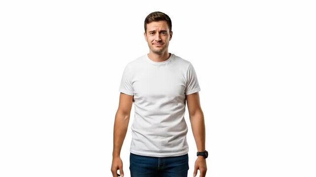 A confused man shrugs his shoulders explaining a difficult concept