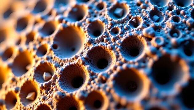 The image showcases a close up view of a porous surface with numerous round holes and intricate textured patterns
