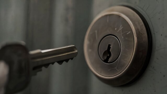 misaligned. A metal key slightly misaligned with a door lock's keyhole in dim light. product launch decks, UI/UX mockups, designed for data visualization dashboards and holographic UIs.