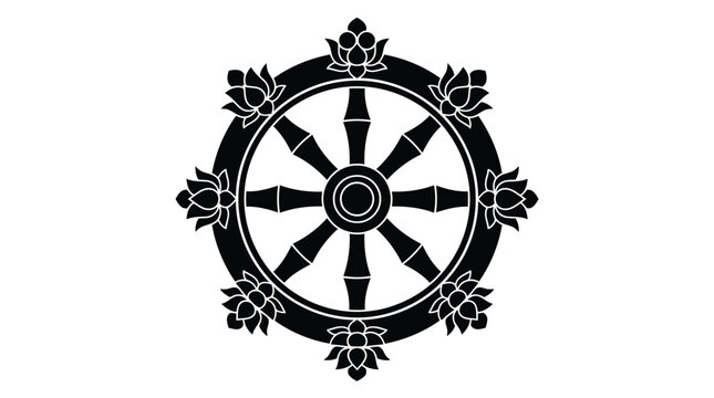 Elegant black dharma wheel dharmachakra buddhist religious symbol with lotus flower decorative elements illustration isolated on white background