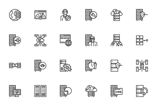 Hosting Cloud icon set. Minimal line vector icons pack. Featuring VPS, bandwidth, technical support, cloud database, domain, dedicated hosting, data protection, failover, uptime, data encryption, clou
