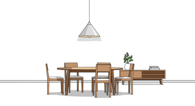 Modern minimalist dining room featuring an oval wooden dining table, four matching chairs, a stylish pendant light, and a low wooden sideboard with a plant, creating a warm and clean ambiance.