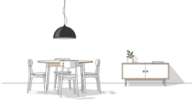 Minimalist dining room with a round wooden dining table, four white chairs, a modern pendant light, and a stylish low sideboard with a plant and book, creating a clean aesthetic.