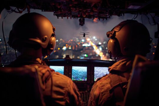 Two pilots in a cockpit at night, city lights below, small helicopter ahead