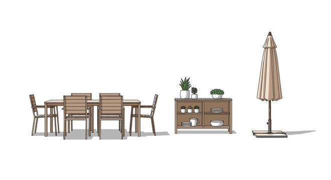 Elegant minimalist outdoor dining ensemble featuring a long rectangular table with six matching chairs, a low buffet cabinet displaying various potted plants, and a large folded patio umbrella.