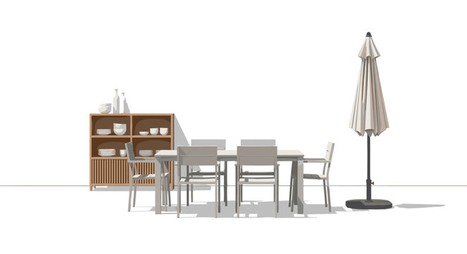 Sophisticated modern outdoor dining set displaying a clean rectangular table with six white chairs, a wooden buffet cabinet stocked with dishes, and a neatly folded patio umbrella.