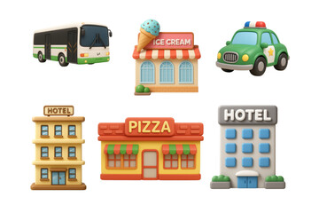 Assortment of 3D rendered vehicles and establishments including a bus an ice cream shop a police car two hotels a pizza restaurant and a taxi station representing urban services and commerce © MdIbrahim