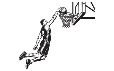 Basketball Player Slam Dunking Ball, Vintage Linocut Sports Illustration © trianatio
