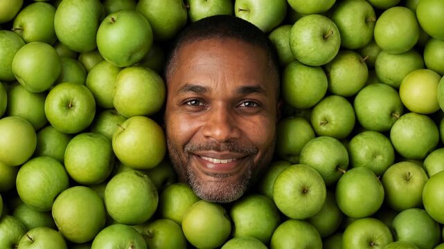 Man's smiling face emerges from a vibrant pile of fresh green apples. Joyful close up portrait surrounded by crisp fruit, harvest abundance, and healthy food concept