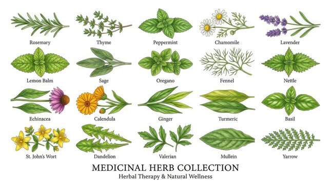 Detailed Medicinal Herb Illustration Collection Arranged on White Background
