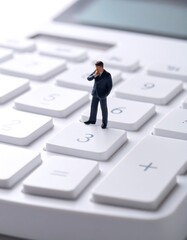 Miniature businessman standing on a calculator concept financial analysis