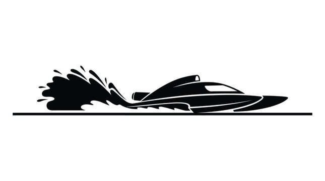 Dynamic black silhouette of speedboat splashing water with motion action and splash effect isolated on white background