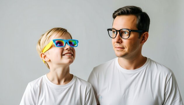 Boy and Man Wearing Sunglasses Looking Upward Together