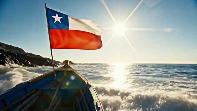 Boat Ride in Bright Morning Sun Over Blue Sea with Chilean Flag on Bow