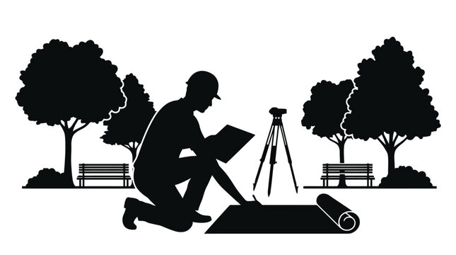 Surveyor kneeling with measuring tools and tripod in park parkland vector silhouette illustration isolated on white background