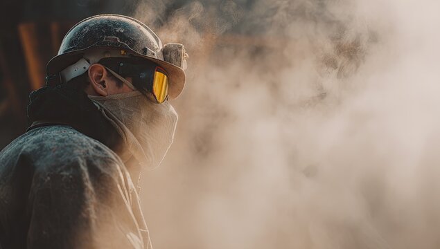 Industrial Worker in Protective Gear Amidst Steam and Smoke.