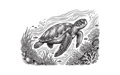Swimming Sea Turtle Shell Illustration, Vintage Hand-Drawn Marine Wildlife Etching © trianatio
