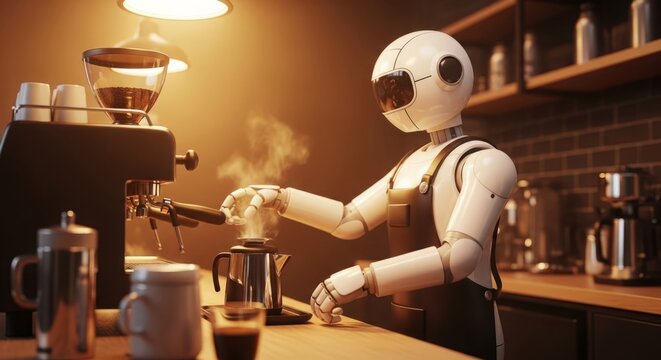 Advanced humanoid robot barista wearing a black apron prepares hot fresh coffee in a warm cafe