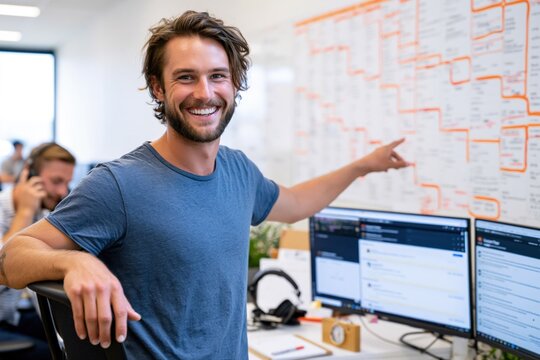 Smiling team leader presenting project plan in office. Confident businessman pointing at wall chart, working at computer desk