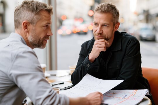 Business colleagues discussing project documents at office table. Serious men reviewing paperwork in modern workplace meeting