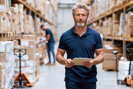 Warehouse manager holding clipboard in logistics center. Confident mature worker walking through storage aisle with stacked boxes