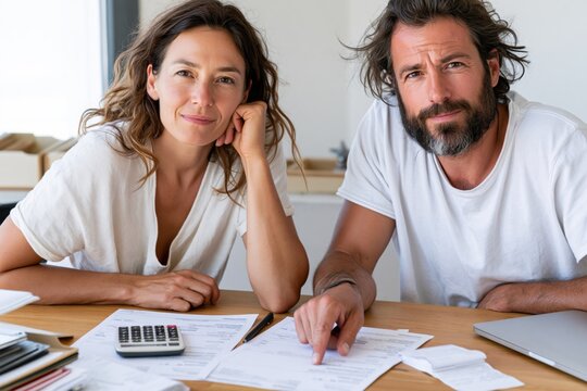 Business couple reviewing documents at home office. Smiling man and woman planning finance, using calculator and paperwork at table