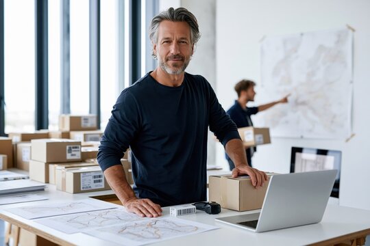 Confident mature man working at laptop in creative office. Business owner standing at desk with packaging boxes, smiling at camera
