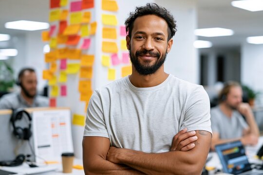 Smiling African American designer standing in creative office. Confident professional with arms crossed, working in modern startup workspace