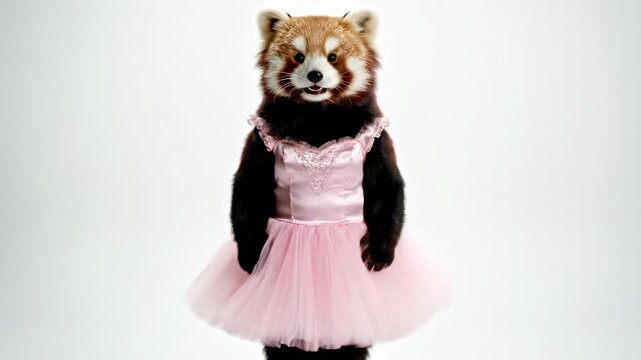 Adorable Red Panda Wearing Pink Ballet Dress Dancing on White Studio Background Cute Animal Character Render