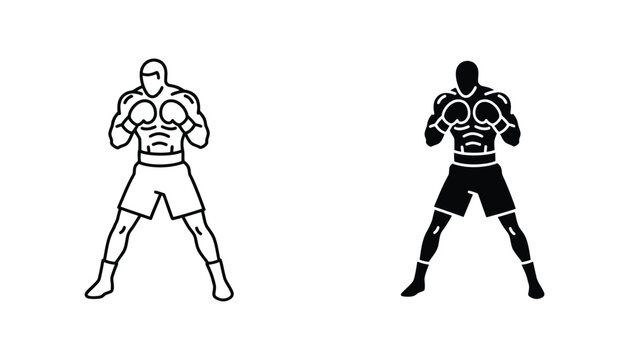 Professional boxer in fighting stance wearing gloves and shorts in outline and solid black silhouette styles for sports design