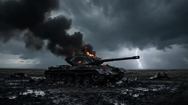 Dramatic scene of a burning tank on a battlefield under a stormy sky.