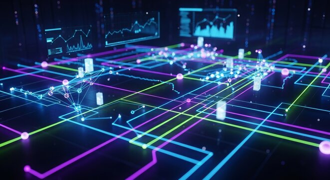 Digital data visualization showing glowing neon network lines and complex information charts in this abstract photograph