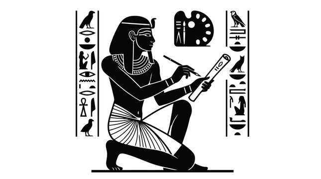 Ancient egyptian artist creating hieroglyphics with paint palette and brush on papyrus scroll black and white isolated on white background