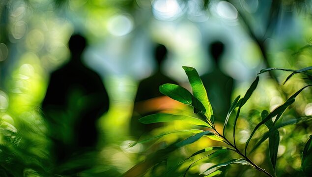 Mysterious Silhouettes of Three People in a Lush Green Forest.
