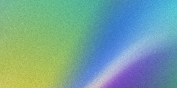 Abstract background with soft diagonal gradient of green yellow blue and purple light streaks and grainy texture creating vibrant colorful spectrum.