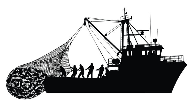 Fishing trawler silhouette with crew hauling large net isolated on white background