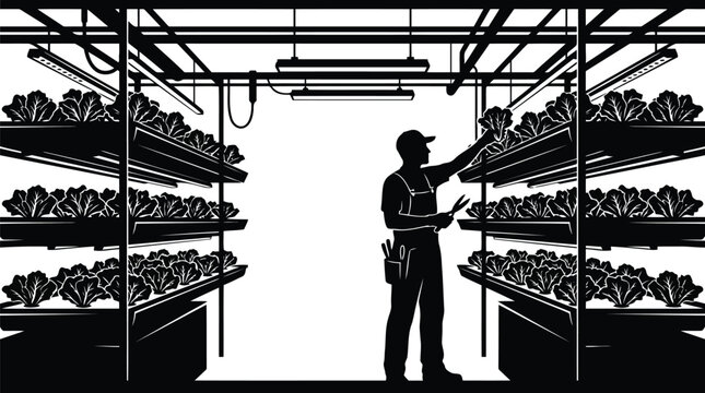 Modern indoor farming worker inspecting hydroponic lettuce shelves under artificial grow lights isolated on white background