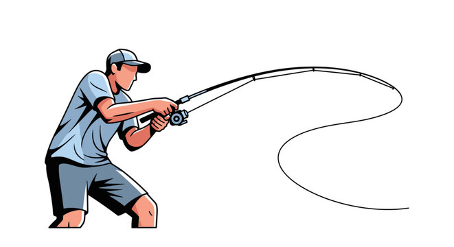 Fisherman casting fishing rod with line on white background vector illustration