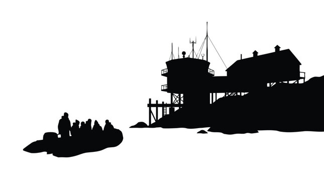 Black silhouette of small boat with people arriving near rustic waterfront buildings and docks isolated on white background