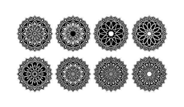 Islamic sacred geometry flower mandala vector collection in black and white line art style