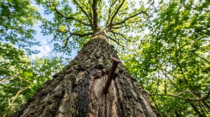 Fototapeta premium Ancient tree stands tall, trunk thick and rugged